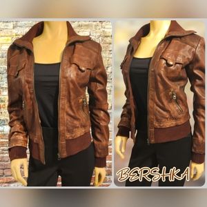 Bershka Brown Leather Jacket with Ribbed Trim